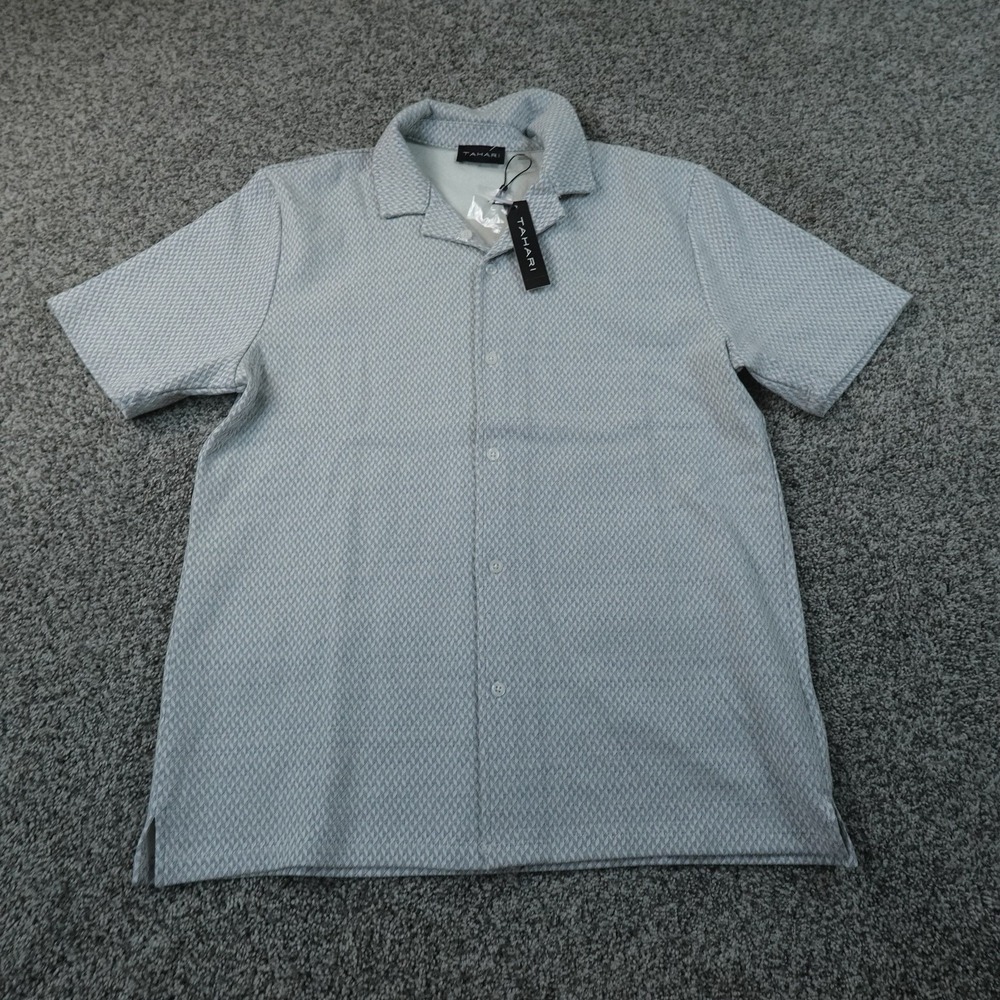 NEW Tahari Shirt Mens M Blue Geometric Short Sleeve Button Up Stretch Preppy Top